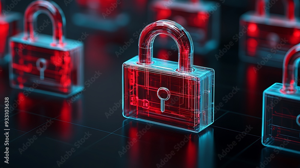 Poster a conceptual image of digital padlocks symbolizing cybersecurity and data protection, with a focus o