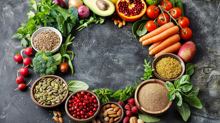  Healthy food selection with fruits, vegetables, seeds, superfood