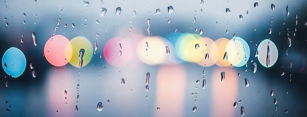 A vibrant rainbow arches over a rainy cityscape seen through a car window, with blurred bokeh lights glowing softly in the background