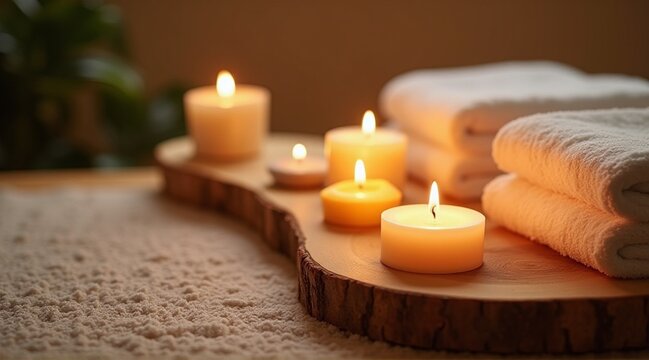 A serene closeup of a spa setup featuring candles and towels, perfect for promoting relaxation and rejuvenation with copy space.