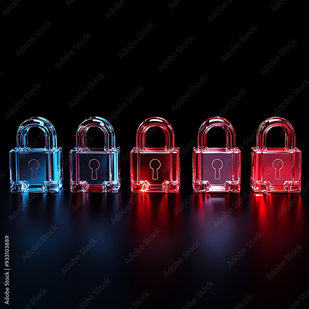 Poster a lineup of five transparent padlocks in blue and red shades against a dark background symbolizing s