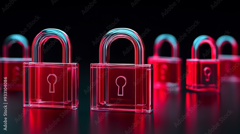 Poster a row of glowing red locks symbolizing cybersecurity and data protection on a dark background.