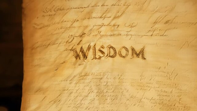 Close up shots of the word wisdom written in calligraphy on old parchment. The parchment is shown in different positions and settings, creating a mysterious and intriguing atmosphere