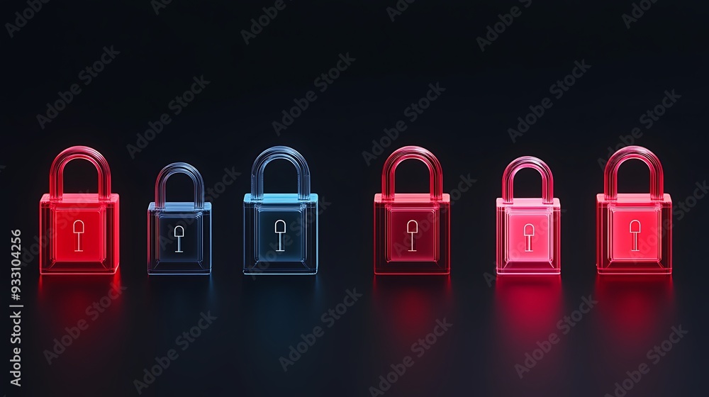 Poster a row of red and blue lock icons on a dark background, symbolizing security and data protection in a