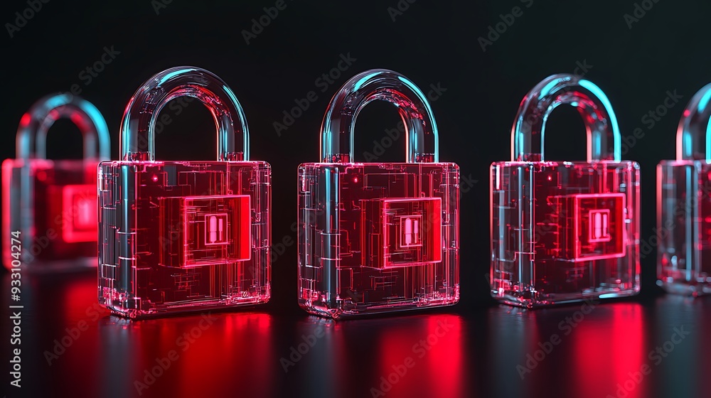 Poster a row of red transparent padlocks glowing in the dark, symbolizing security and protection. conceptu