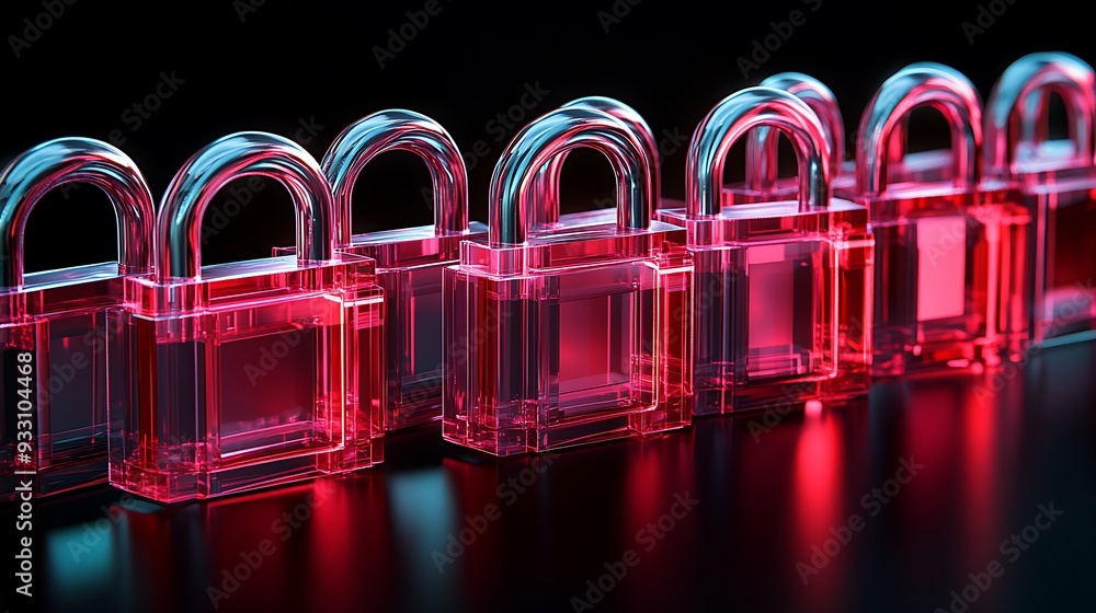 Aufkleber a row of transparent pink padlocks glowing on a dark surface, symbolizing security and data protecti