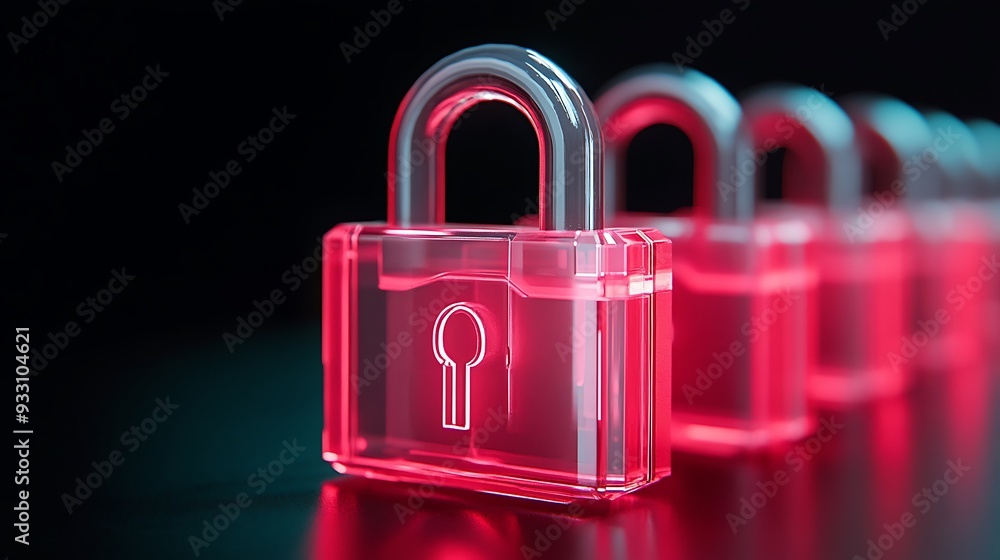 Poster close-up of a row of glowing red padlocks symbolizing cybersecurity, data protection, and privacy in