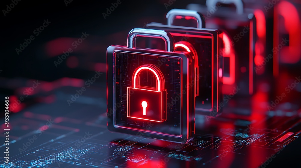 Poster close-up of digital lock icons glowing red, symbolizing online security and cybersecurity measures i