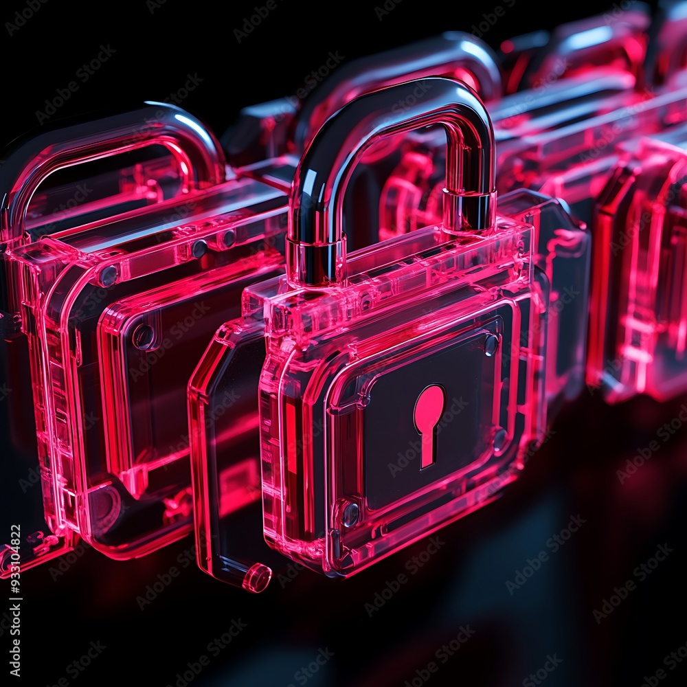 Poster close-up of glowing pink transparent padlocks in a row; symbolizing advanced security and digital da