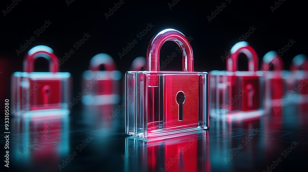 Poster close-up of illuminated red padlocks symbolizing security and data protection, aligned in rows on a 