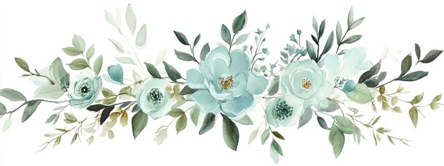 Obraz premium Pale Aqua and Laurel Green Floral Arrangement in Watercolor on a White Background