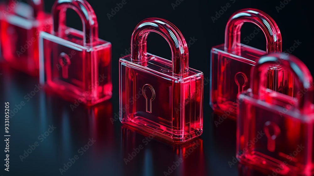 Poster closeup of red transparent padlocks in a row. concept of security and protection. focus on the neare