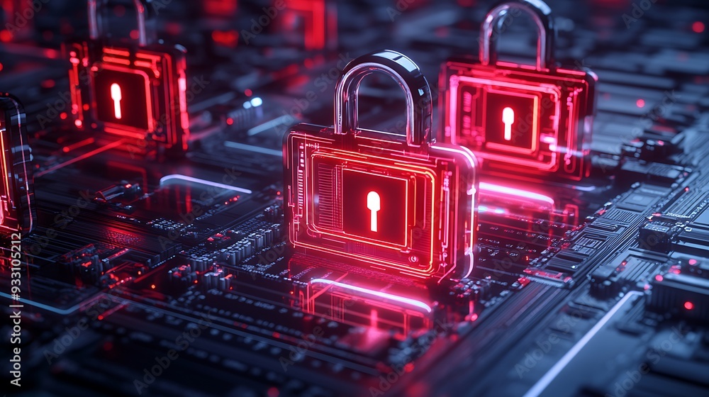 Poster close-up of red padlocks on a circuit board representing cybersecurity and data protection in a digi