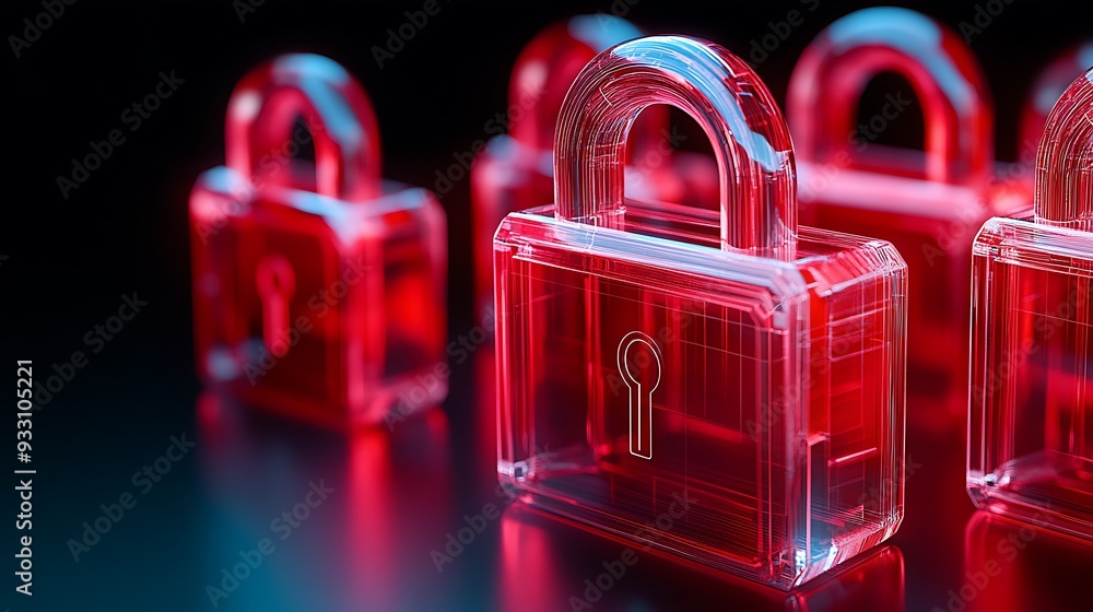 Poster close-up of red transparent padlocks in a row, symbolizing cybersecurity, data protection, and onlin