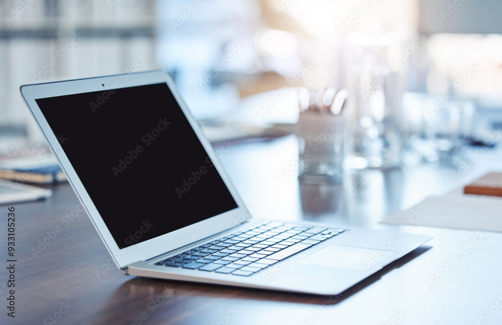 Poster laptop, blank screen and desk in office for mockup, space or ui for connectivity for contact at comp