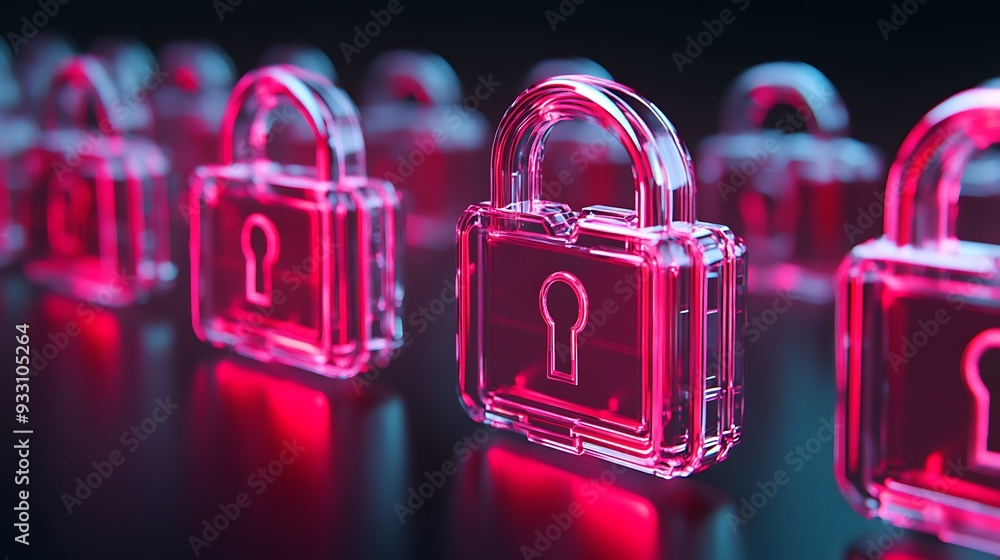 Aufkleber close-up of rows of translucent red padlocks on a black background, symbolizing digital security and