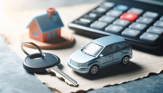A miniature model of a car with a key beside it, symbolizing the concept of purchasing of car on emi or finance.