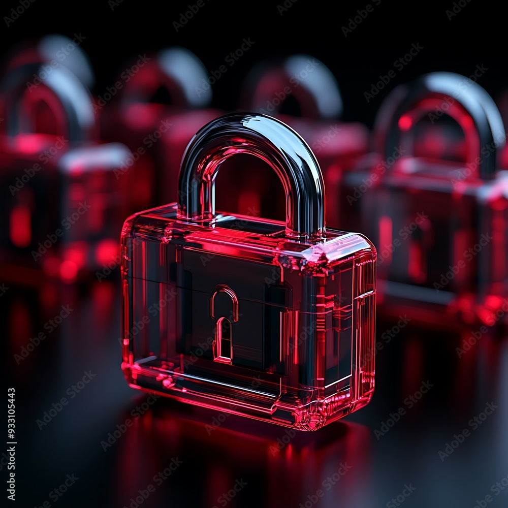 Poster close-up view of a red transparent padlock against a dark background, symbolizing security and prote
