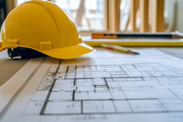 Architectural project blueprint, yellow helmet, and pencil on table for design planning
