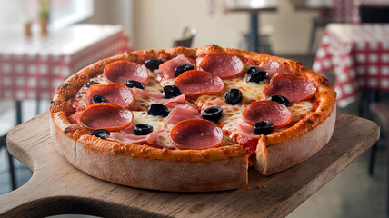 Mouthwatering Chicago-style deep-dish meet lovers pizza loaded with pepperoni, ground meat, ham, olives, and melted cheese. Perfect for food lovers and culinary visuals. 