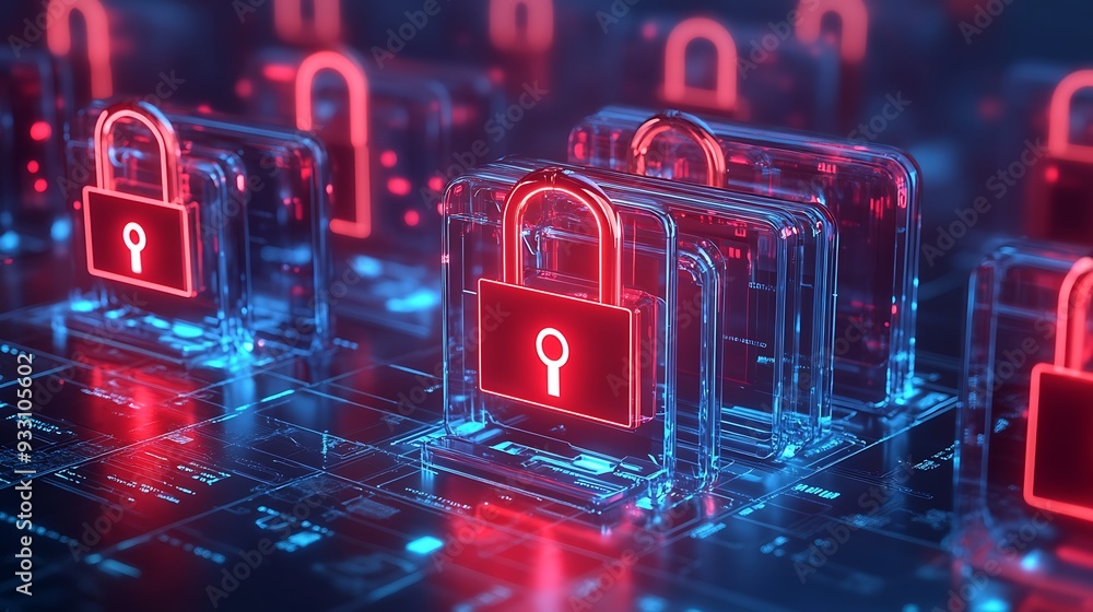 Poster digital cryptographic concept with red padlocks on a futuristic circuit board, representing cybersec