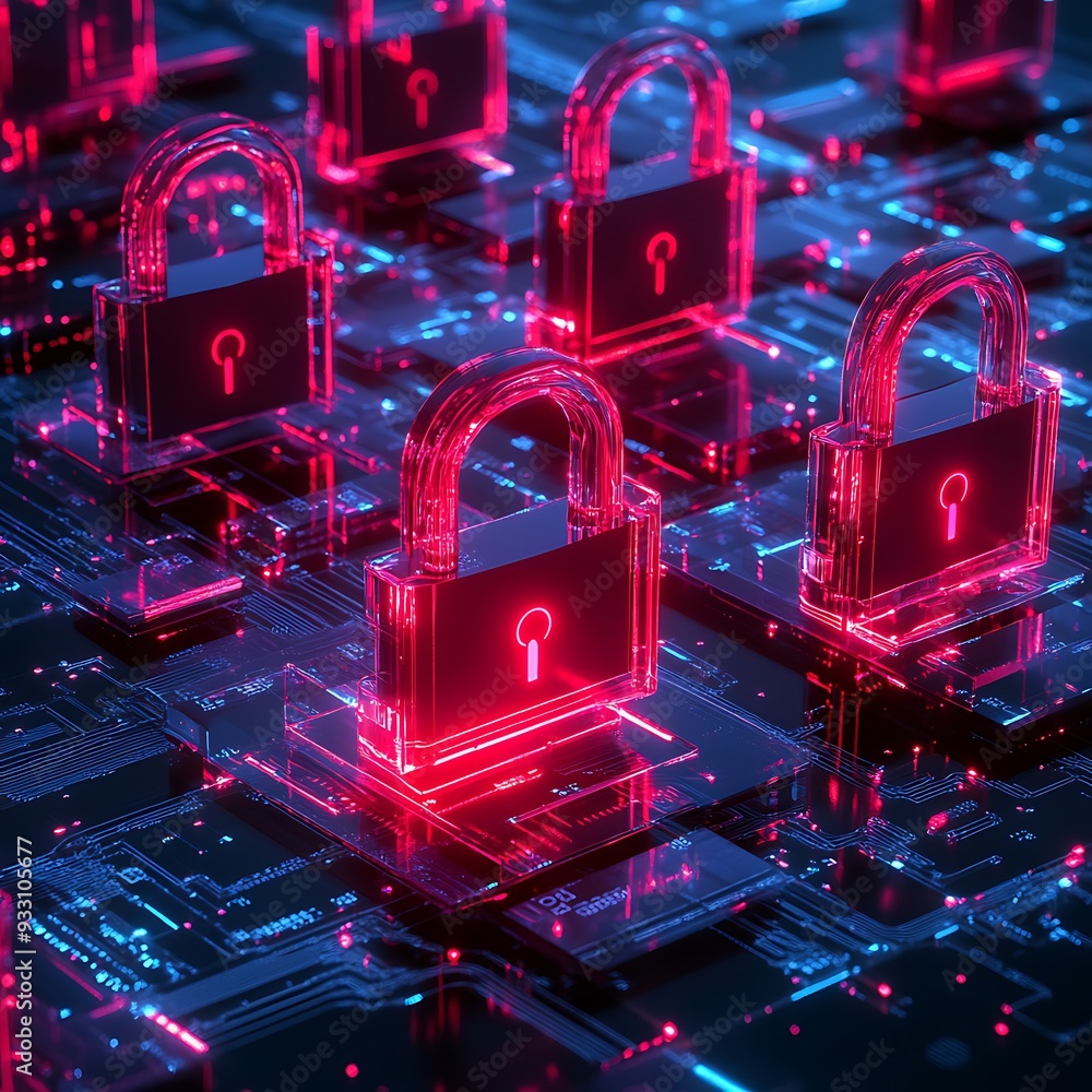 Poster digital cybersecurity concept featuring glowing red padlocks on a circuit board, emphasizing data pr