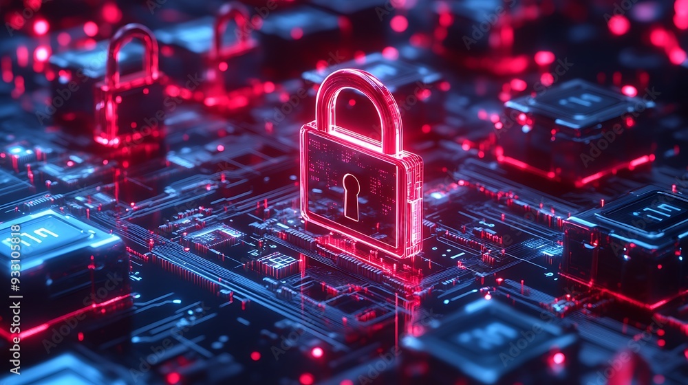 Poster digital lock icon symbolizing cybersecurity and data protection on a glowing red circuit board backg