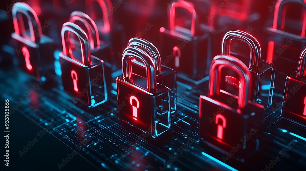 Poster digital locks glowing red and blue, representing cybersecurity and data protection in a futuristic t