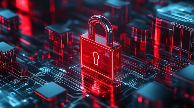 Digital lock symbolizing cybersecurity with red circuitry background, representing data protection and online security technology.