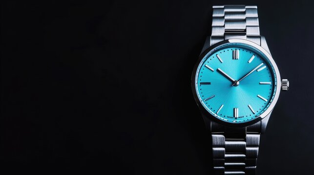 An elegant steel watch glimmers with a blue face under cinematic lighting in a close-up view, showcasing exquisite details and craftsmanship