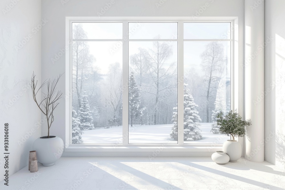 Poster A minimalist interior featuring a large window and a single plant, perfect for use in designs about serenity or simplicity