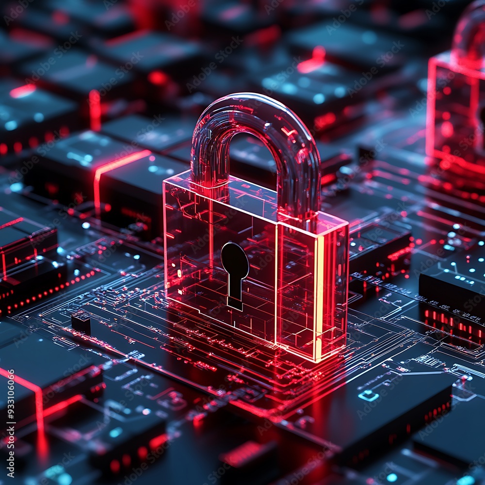 Poster digital padlock on a computer circuit board symbolizing internet security, data protection, and cybe