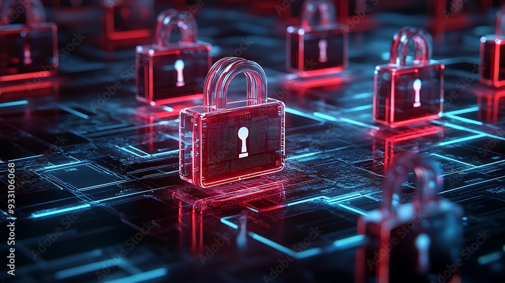 Poster digital locks symbolize cybersecurity and data protection on a futuristic blue and red network grid.