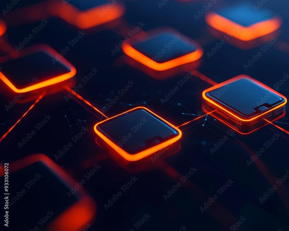 Poster futuristic digital circuitry with glowing orange patterns, representing advanced technology and inte