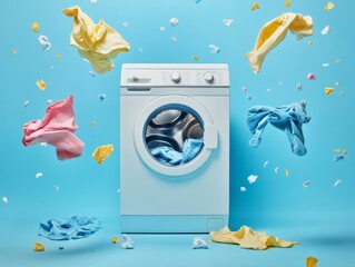 Vibrant laundry concept  washing machine and flying clothes in motion on blue background