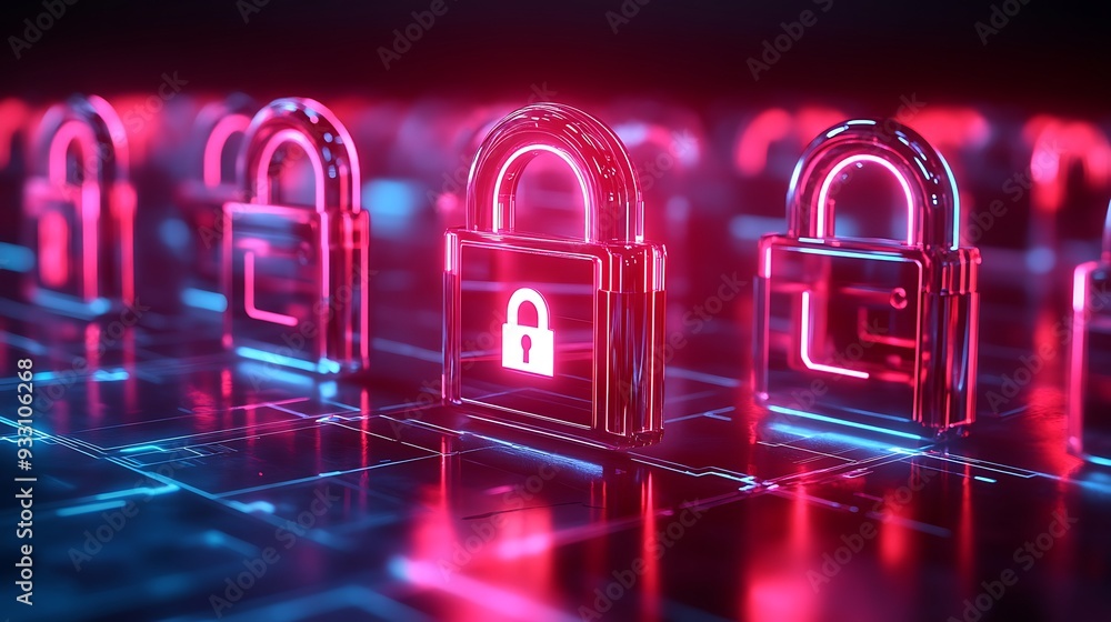 Poster digital padlocks symbolizing data security and cyber protection, illuminated in red and blue light o