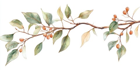 Dry branches adorned with gum tree leaves Botanical illustration featuring park garden or forest vegetation in the backdrop Watercolor artwork isolated on a white background Hand drawn design eleme