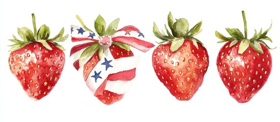 Festive Strawberries Decorated with Stars and Stripes Ribbon Watercolor Illustration