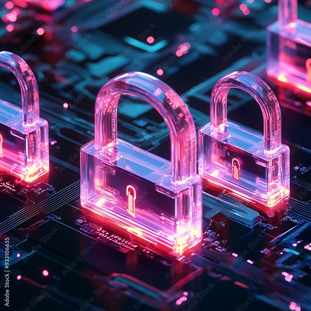 Aufkleber digital security concept with glowing locks on a circuit board, symbolizing cybersecurity and data p