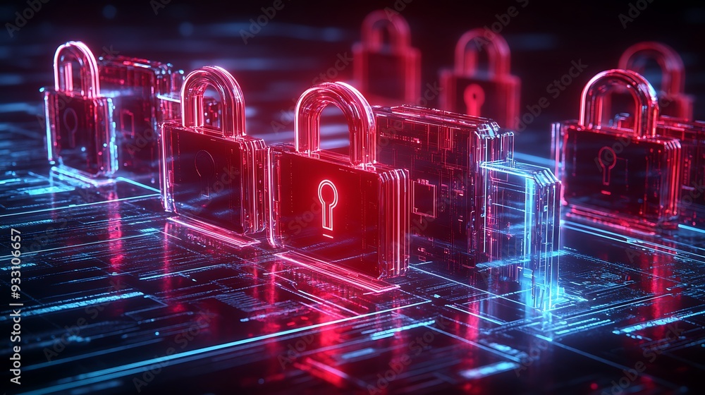 Poster digital security concept showing red padlocks on a circuit board, highlighting advanced cybersecurit