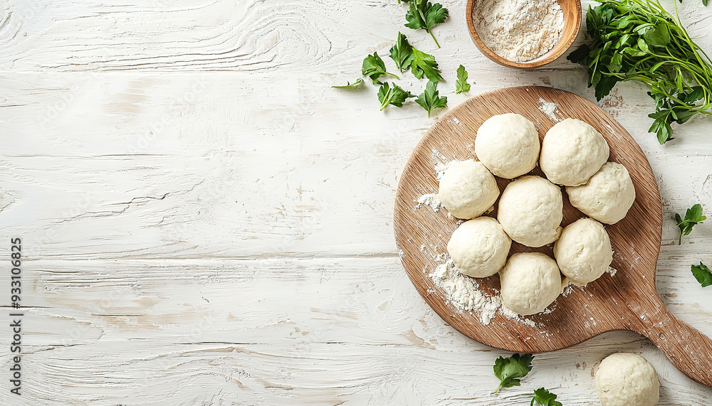 Poster raw dumplings and dough on wooden board on light wooden background, copy space for text