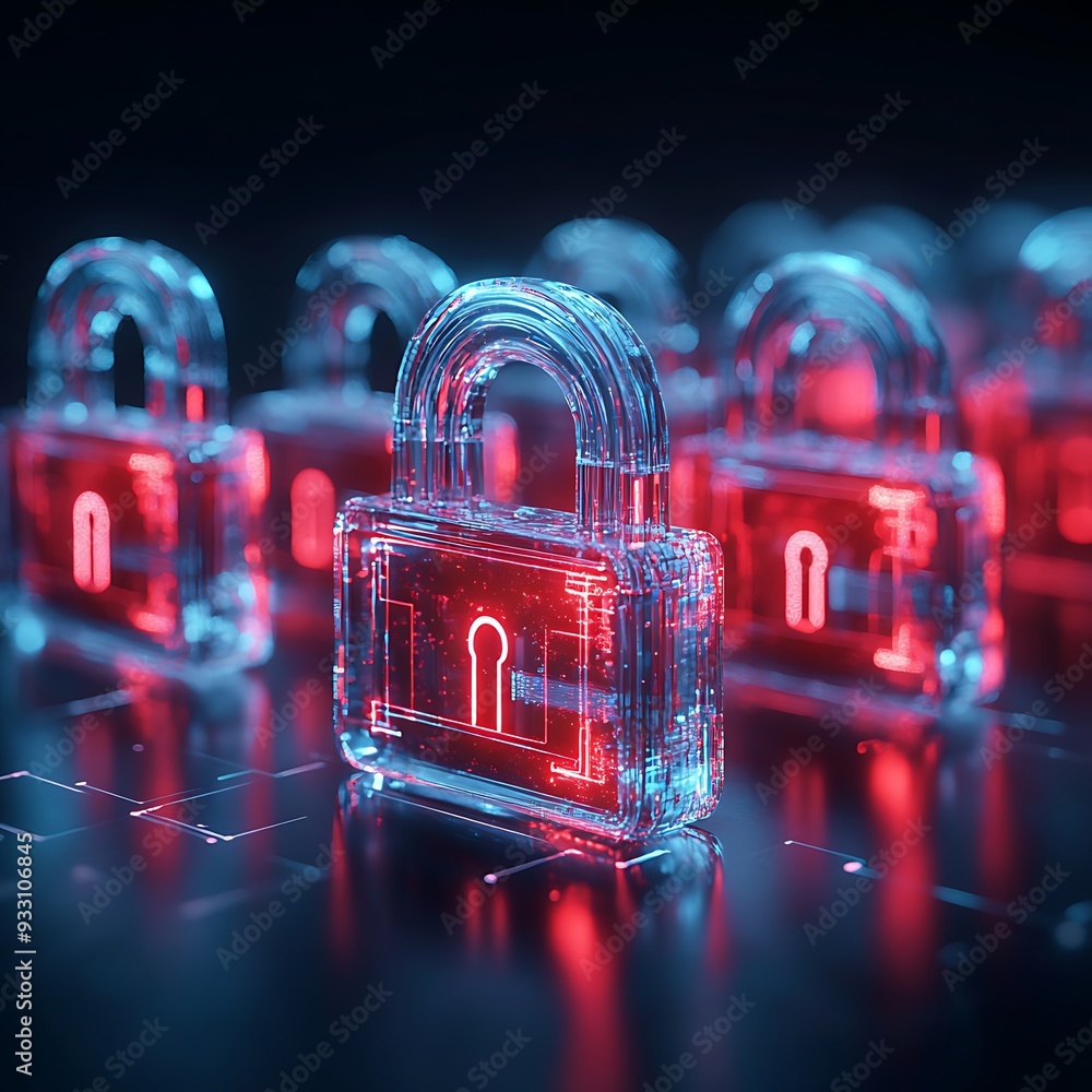 Poster digital security concept with glowing padlocks representing data protection, encryption, and cyberse
