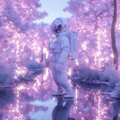 An astronaut in a futuristic, dreamy landscape with luminous pink trees, reflecting on the water below, creating a surreal ambience.