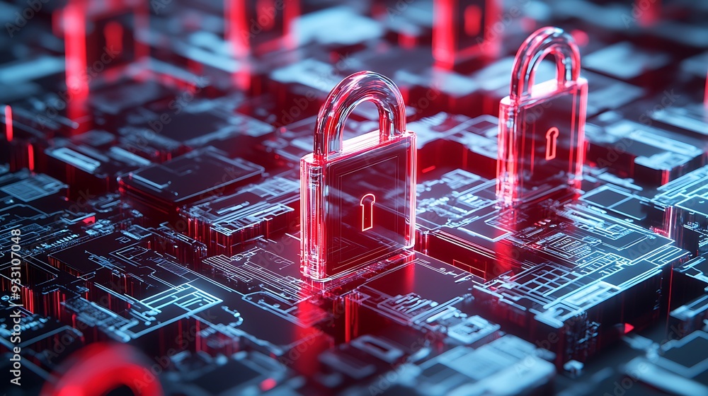 Aufkleber digital security concept with glowing red padlocks on a blue microchip background, symbolizing data 