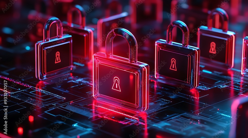 Aufkleber digital security concept with glowing red padlocks on a circuit board, representing data protection 