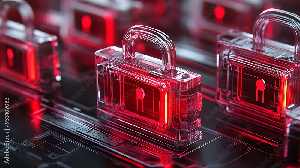 Poster digital security concept with glowing red padlocks on a circuit board representing data protection a