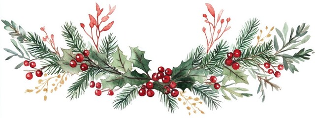 Hand painted watercolor illustration of a Christmas wreath