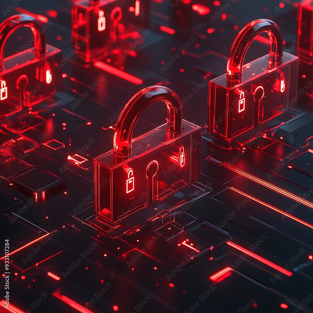 Poster digital security concept with glowing red padlocks representing data protection on a futuristic, tec