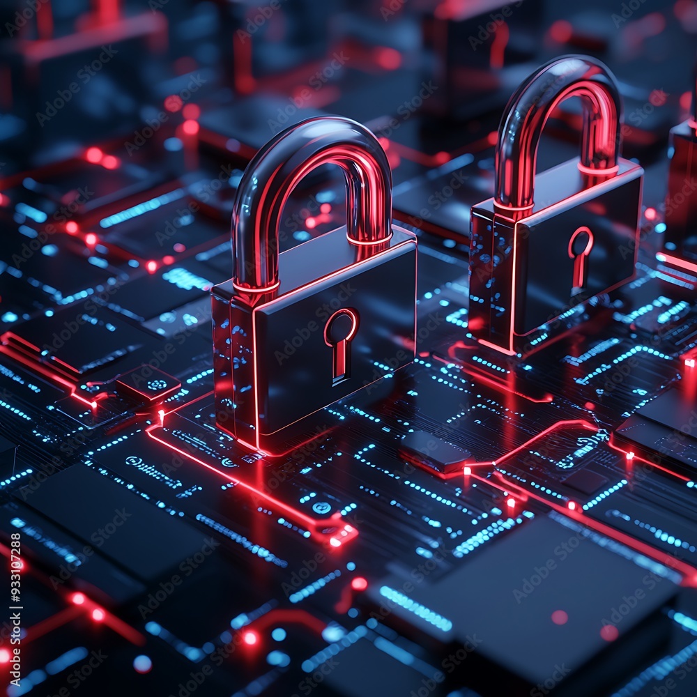 Poster digital security concept with locks on a circuit board. ensures data safety and cybersecurity in a h