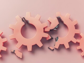 A creative representation of broken gears on a soft pink background, symbolizing innovation and fragility in technology.